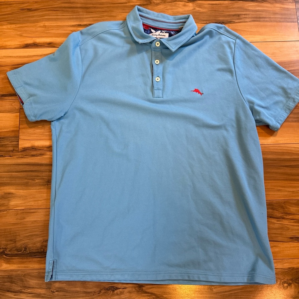 Tommy Bahama Island Zone Coastal Blue Floral Trim Collared Polo Shirt Mens XL